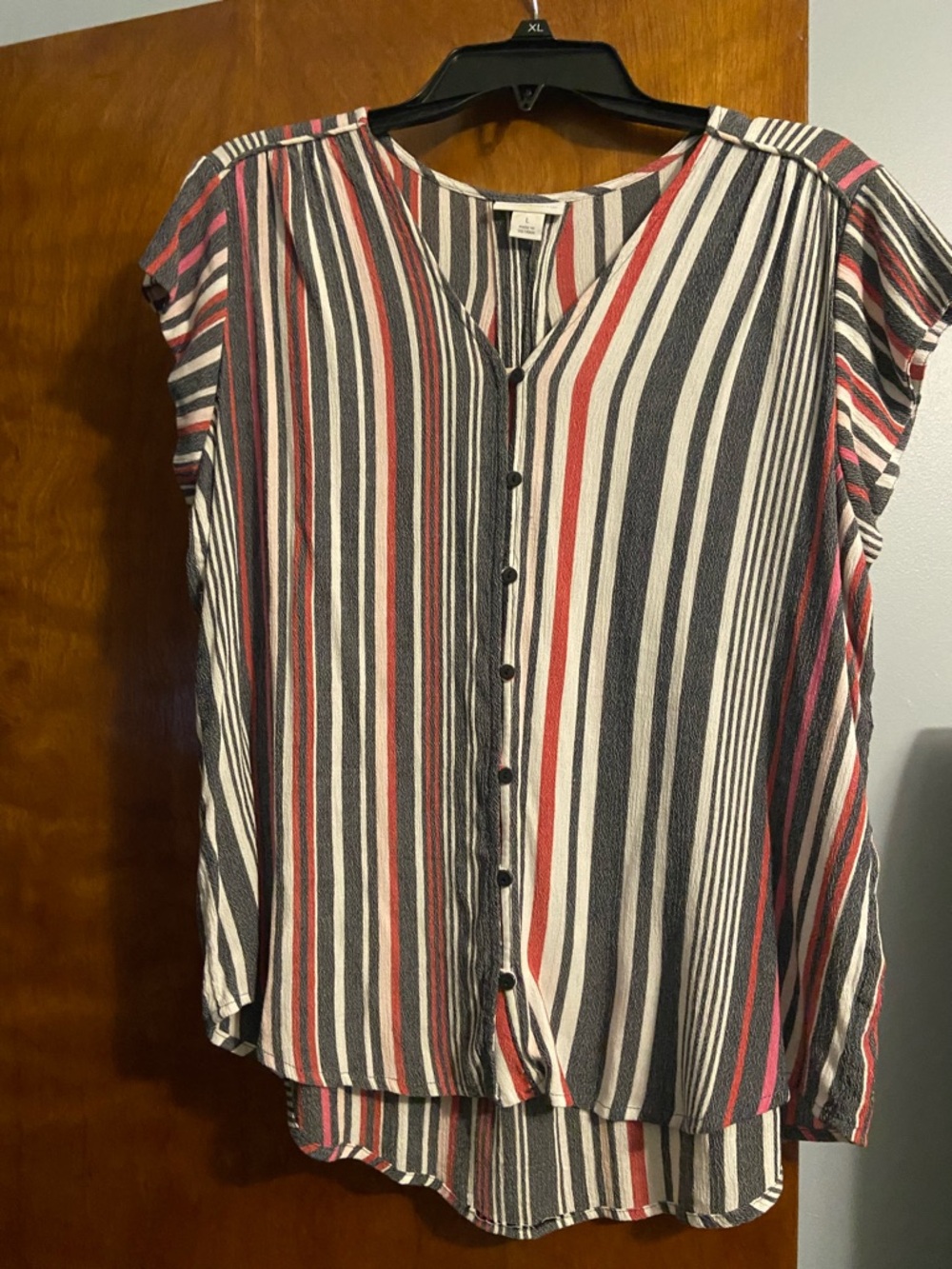 Liz Claiborne Vertical Striped Button-Front Top in Black, White & Red